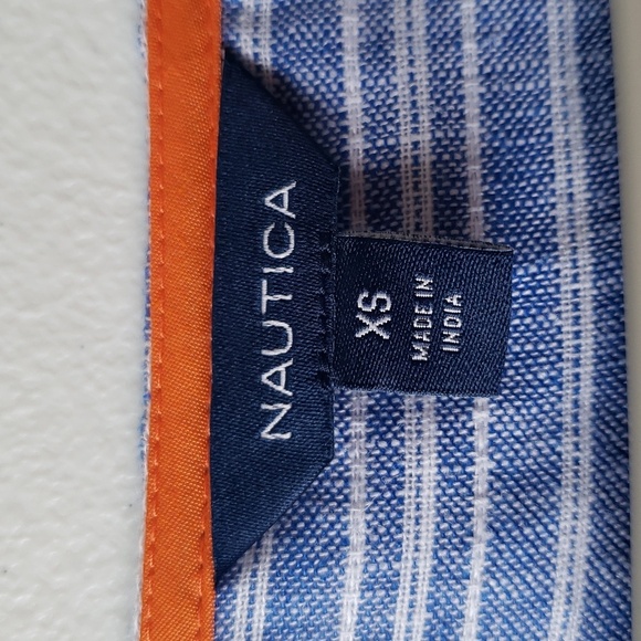 Nautica Women Linen Blend Top XS Blue White Stripes Short Sleeve Button Down - Picture 10 of 12